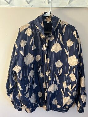 Navy Floral Zip Front Windbreaker Bomber Jacket